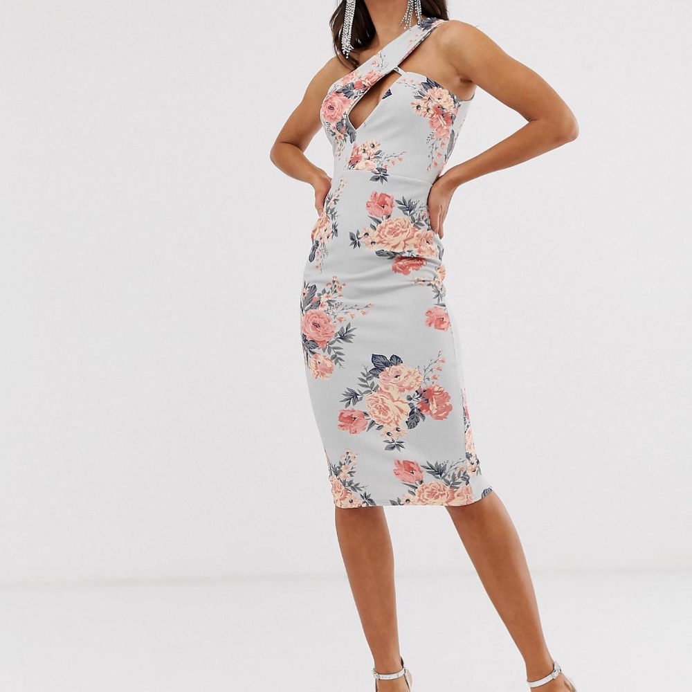 Tall cut out shoulder midi dress in floral print
